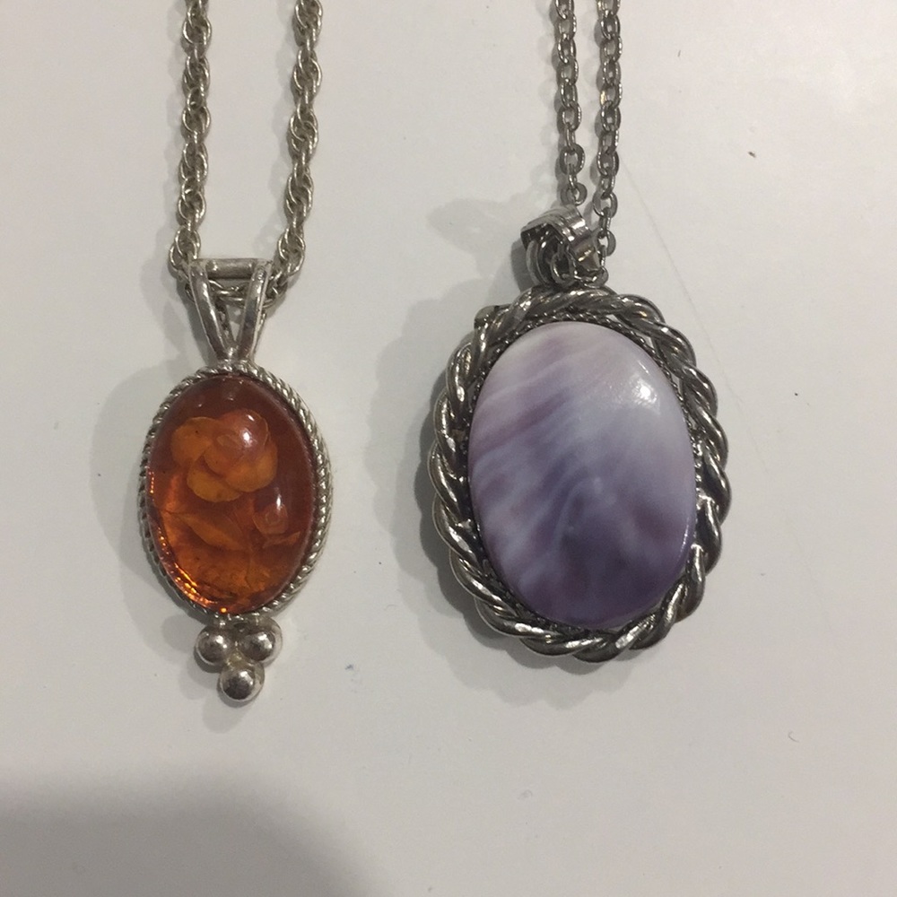 2 Necklaces- purple stone and brown with flower